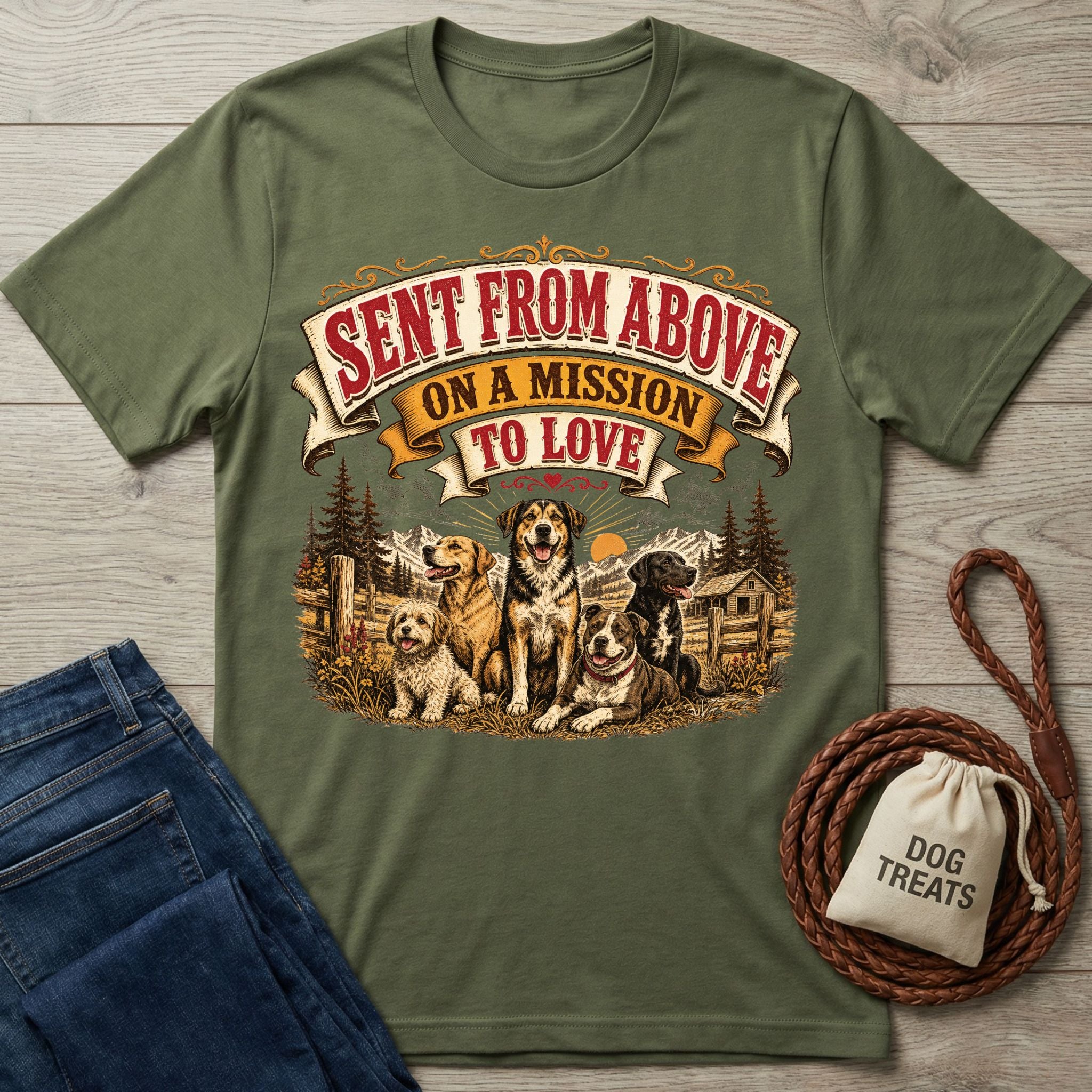 Olive green crewneck t-shirt featuring a vintage-style graphic of four dogs with the text Sent From Above On A Mission To Love.