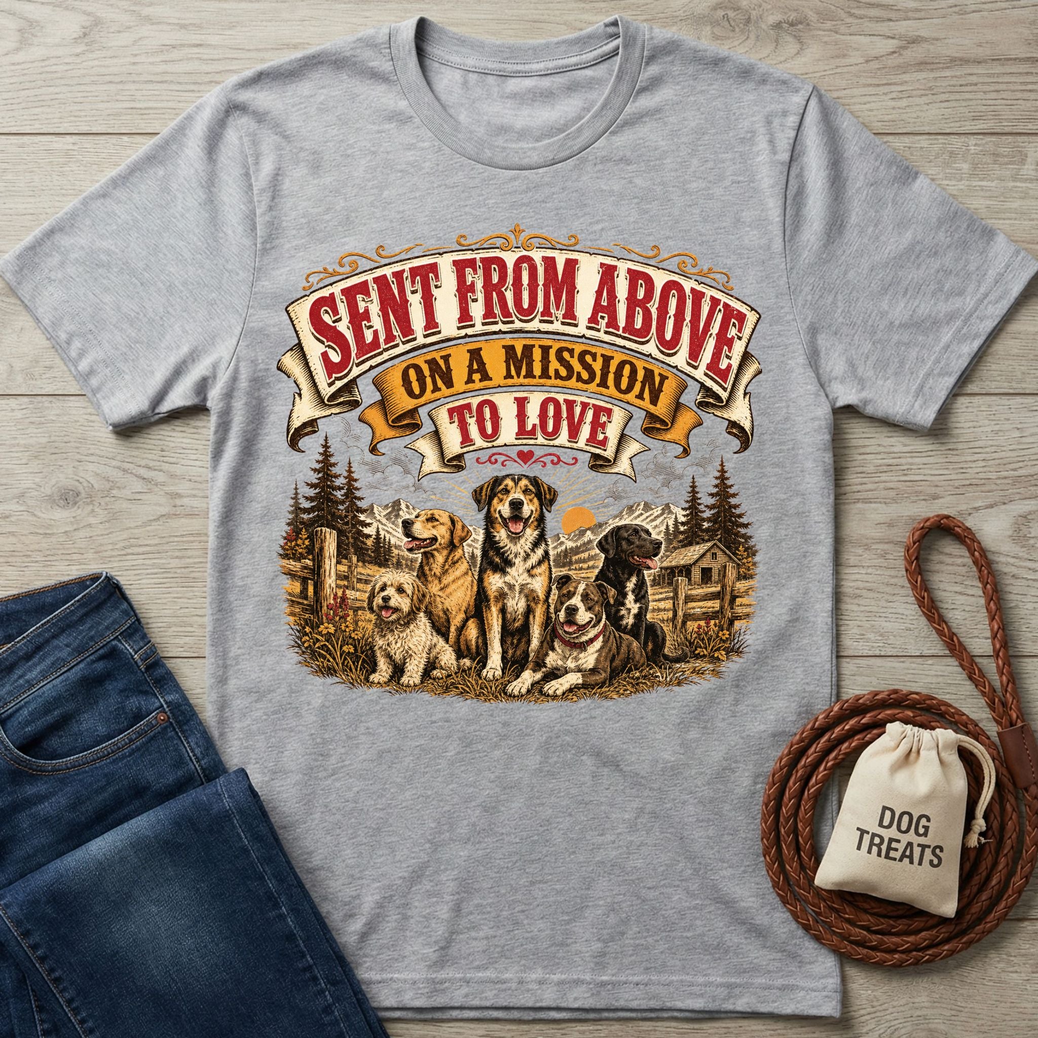 Grey crewneck t-shirt featuring a vintage-style graphic of four dogs in a mountain landscape with the text Sent From Above.