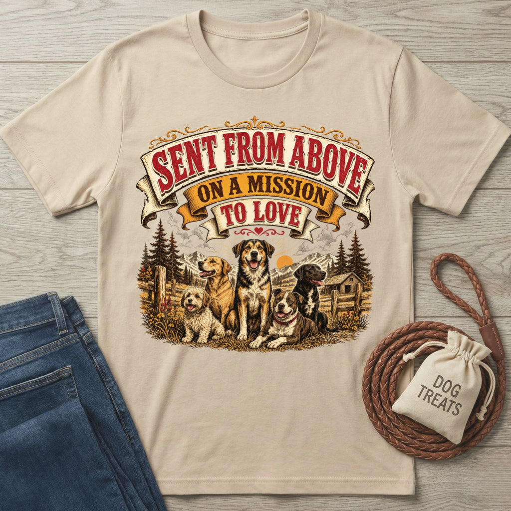 Beige crewneck t-shirt featuring a vintage-style graphic of five dogs in a mountain landscape with the text Sent From Above.