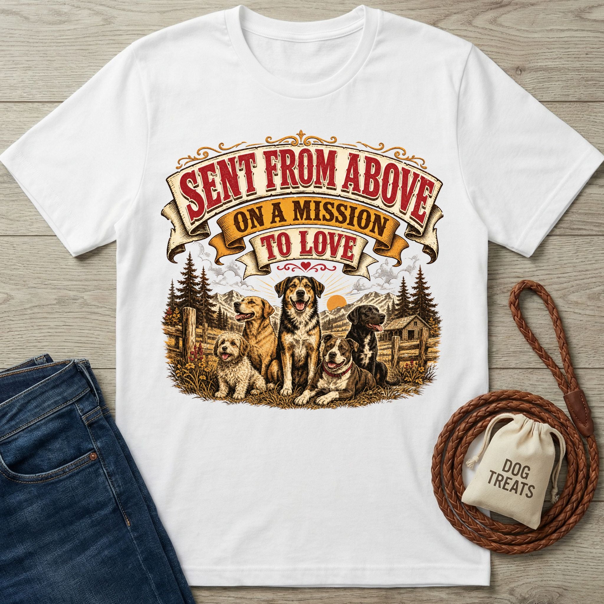 White crewneck t-shirt featuring a vintage-style graphic of four dogs in a mountain landscape with the text Sent From Above.