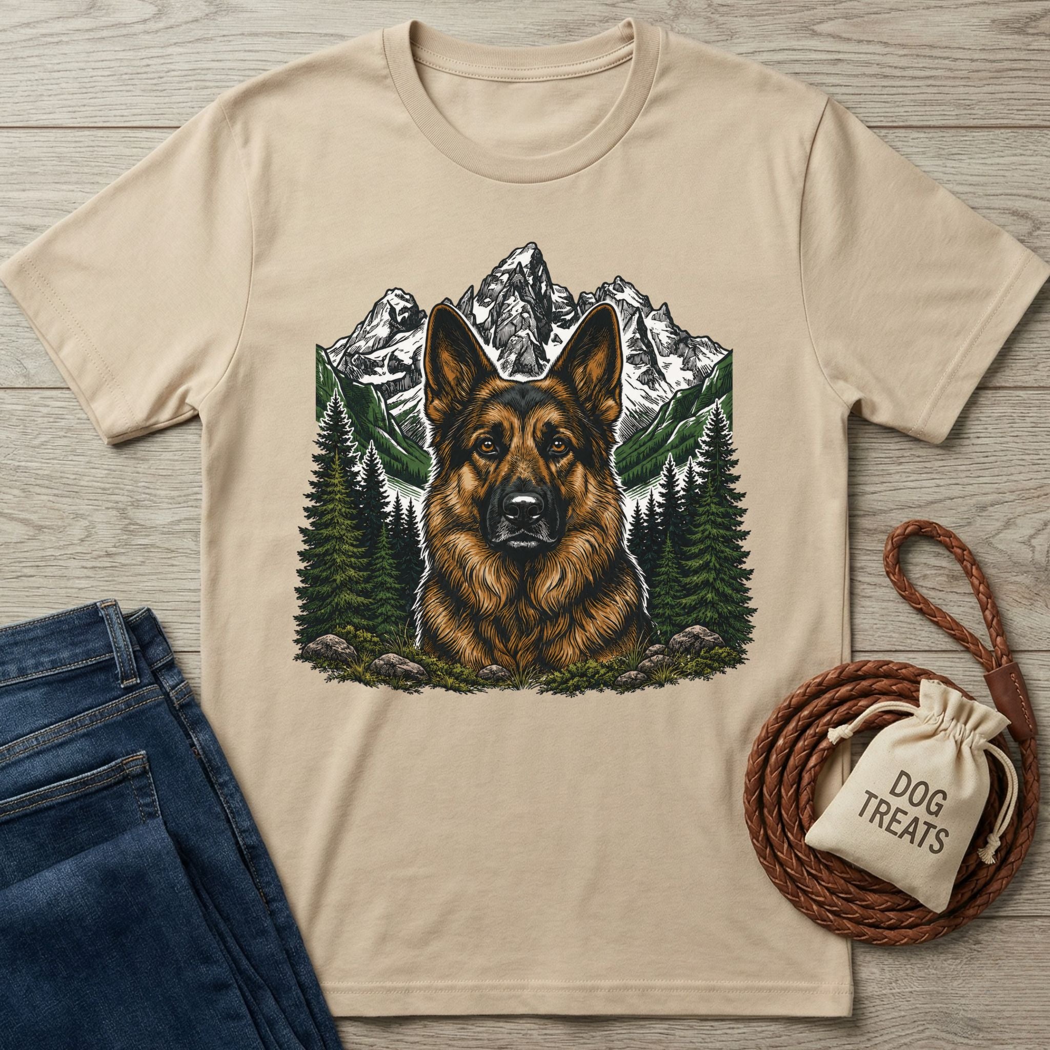 Beige t-shirt featuring a detailed German Shepherd portrait against a mountain and pine forest landscape.