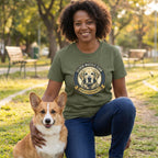 Woman in an olive green "Silver Muzzle Club" tee with a Golden Retriever graphic, kneeling with a Corgi.