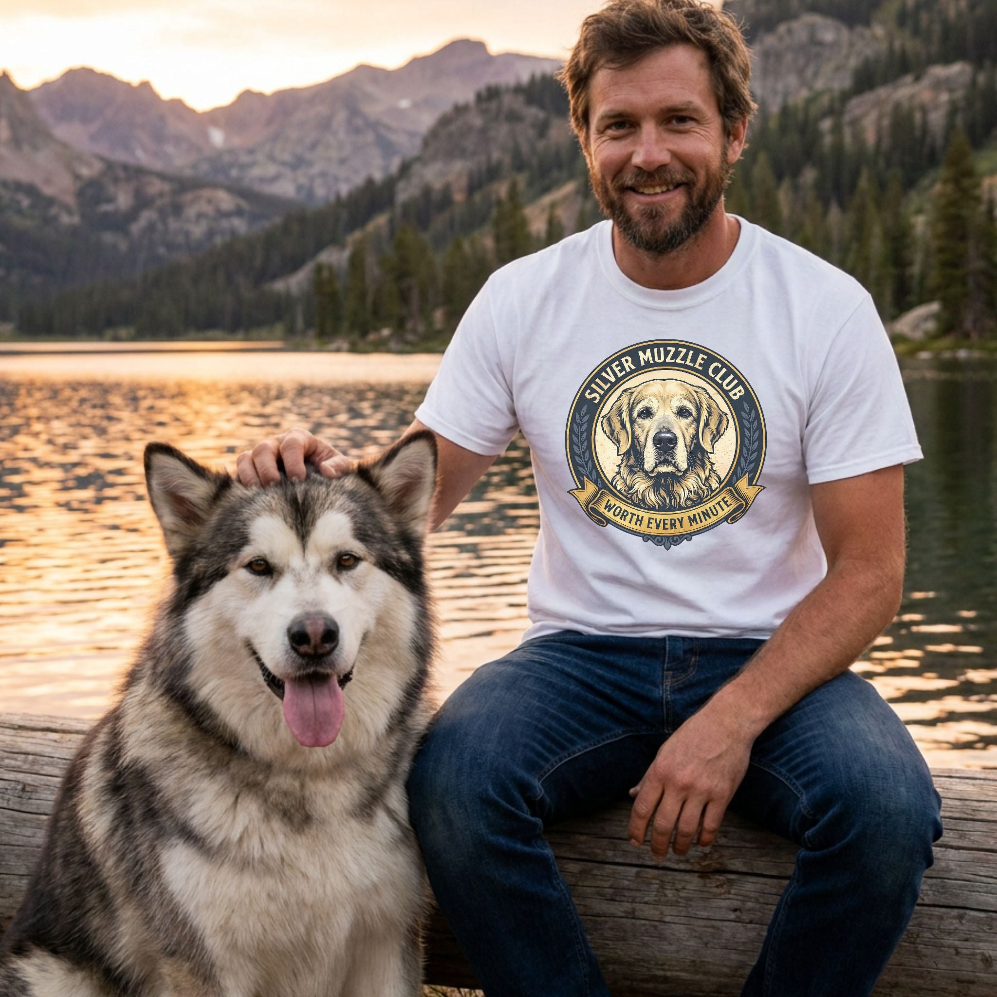 Man in a white "Silver Muzzle Club" tee with a golden retriever logo, petting a large husky-like dog by a lake.