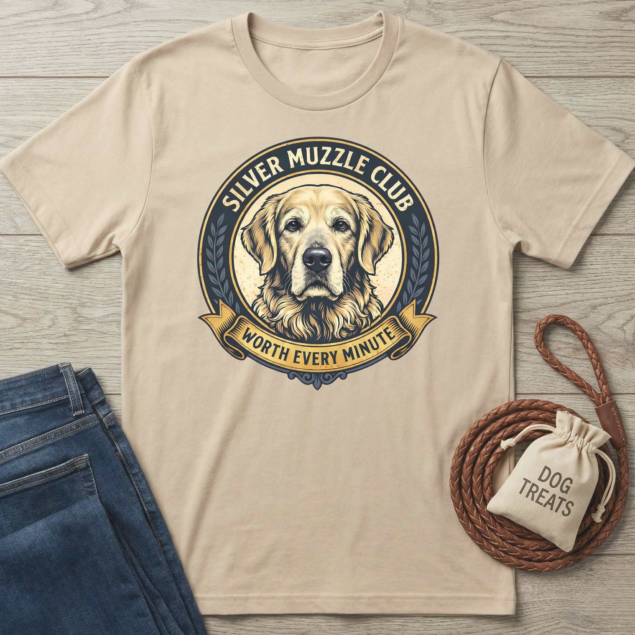 Beige Gildan Softstyle® T-shirt with a "Silver Muzzle Club" golden retriever graphic.