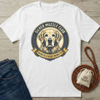 White Gildan Softstyle t-shirt with "Silver Muzzle Club" golden retriever graphic and "Worth Every Minute" banner.