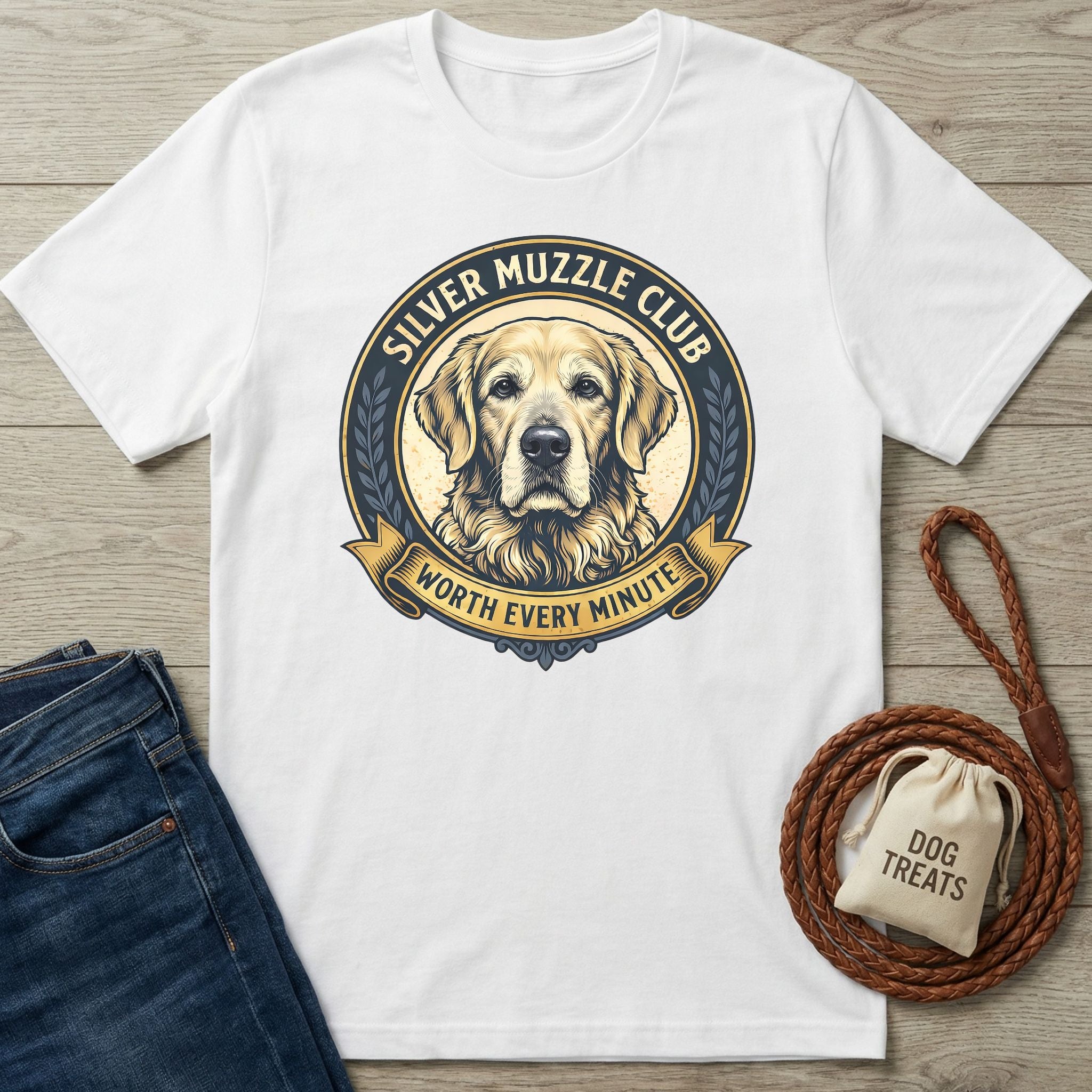 White Gildan Softstyle t-shirt with "Silver Muzzle Club" golden retriever graphic and "Worth Every Minute" banner.