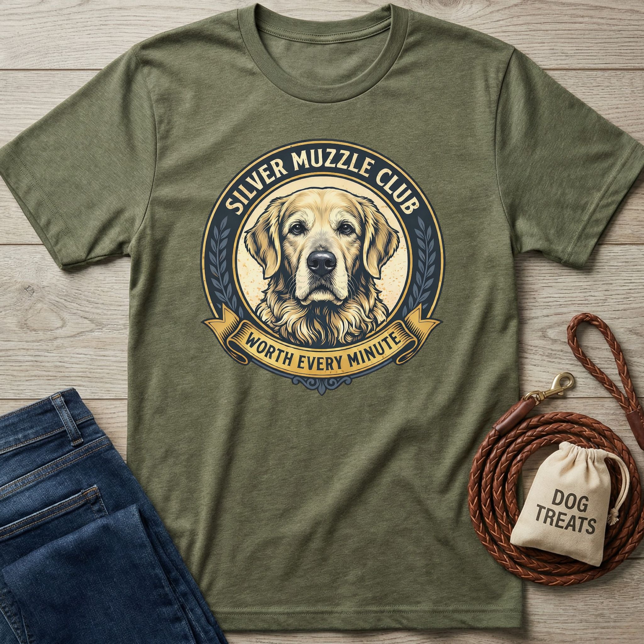 Olive green Silver Muzzle Club t-shirt with a Golden Retriever graphic, next to jeans, a leash, and dog treats.