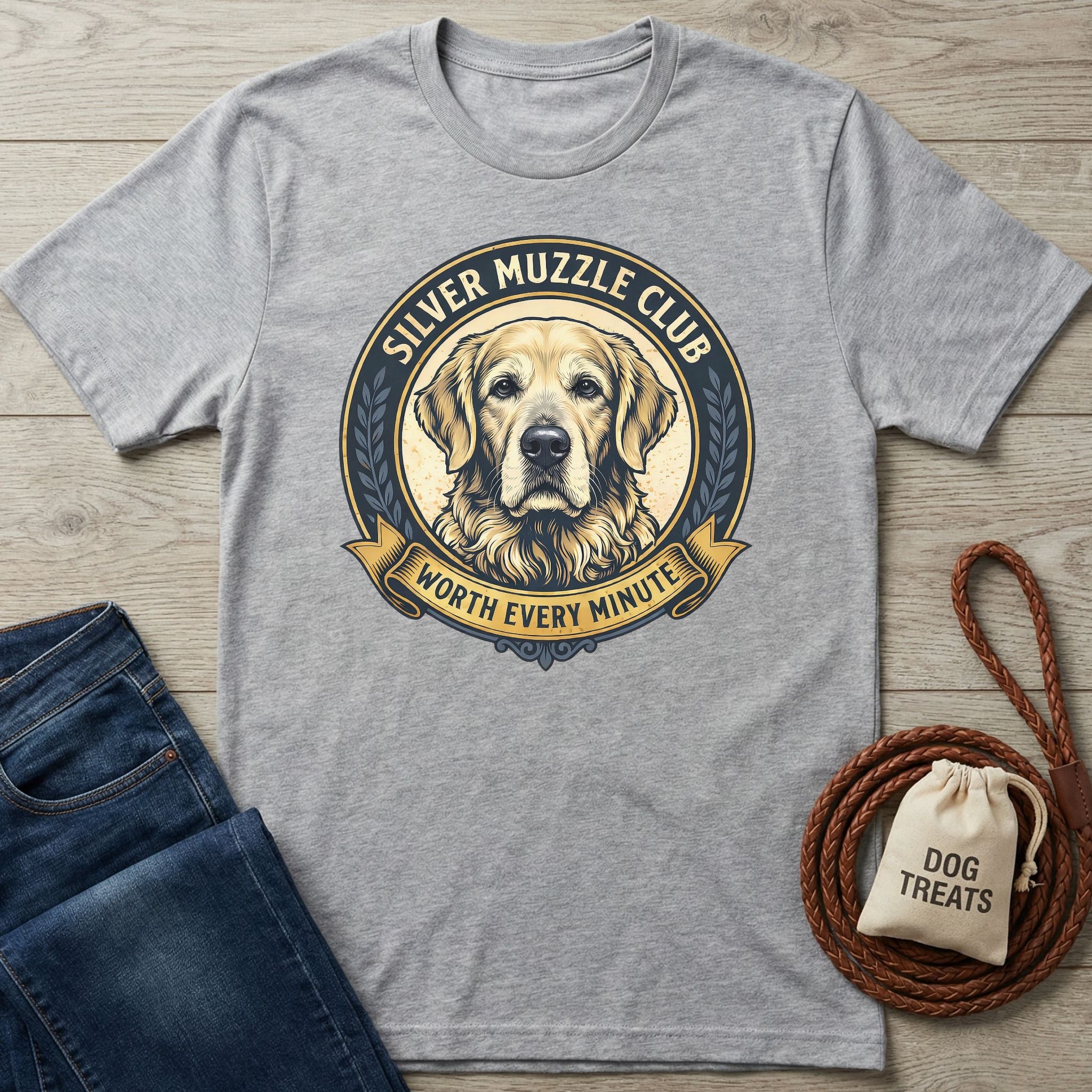 Light grey Silver Muzzle Club t-shirt with a Golden Retriever graphic, next to blue jeans and dog treats.