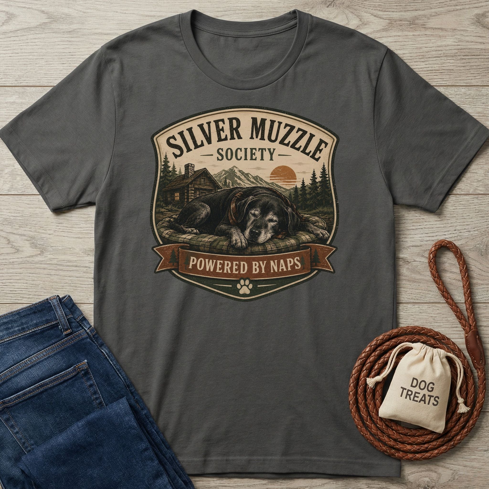 Dark gray cotton t-shirt with "Silver Muzzle Society" graphic featuring a sleeping senior dog, cabin, and sunset.