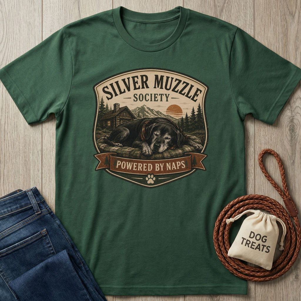 Dark green "Silver Muzzle Society" t-shirt with a sleeping senior dog graphic, next to jeans and dog treats.