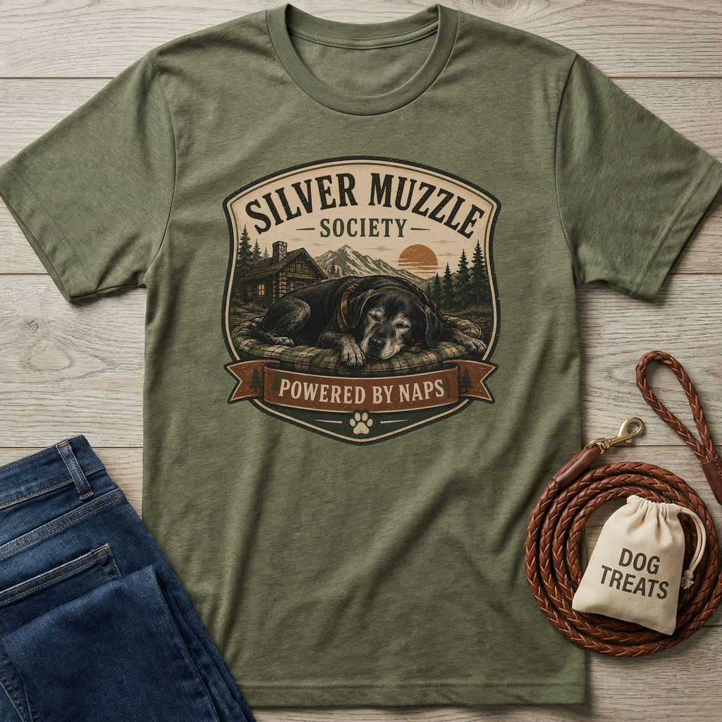 Olive green "Silver Muzzle Society" t-shirt with a sleeping senior dog graphic, "Powered by Naps" banner.