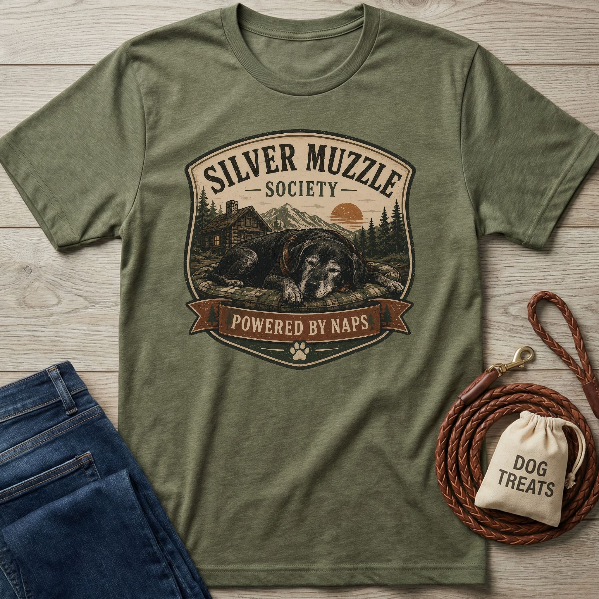 Olive green "Silver Muzzle Society" t-shirt with a sleeping senior dog graphic, "Powered by Naps" banner.