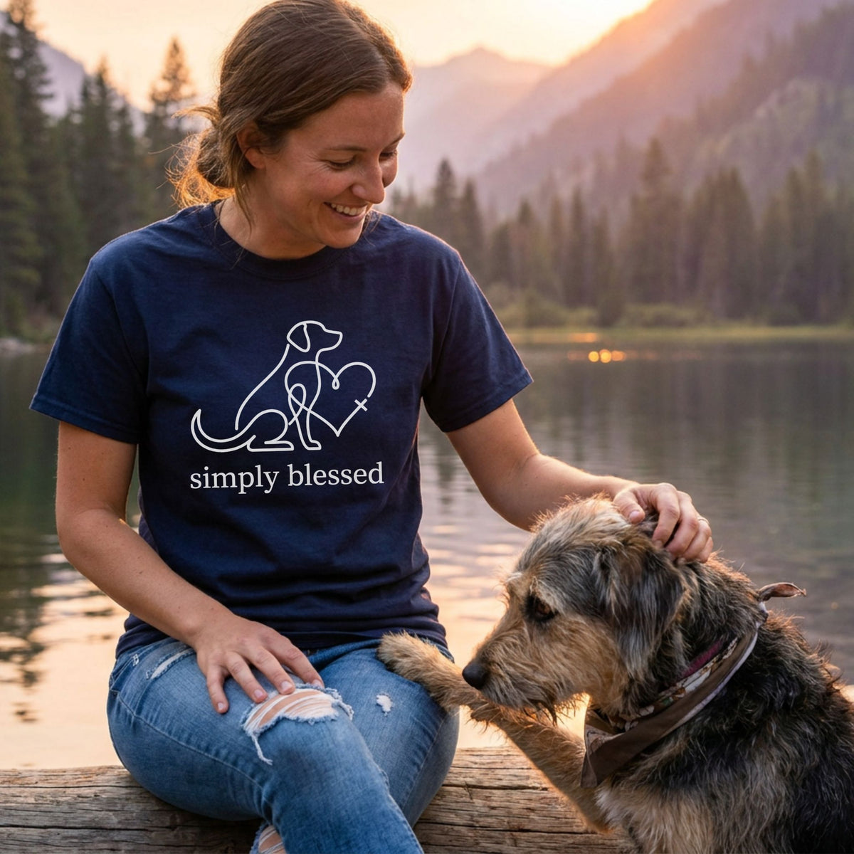 Woman in a navy "simply blessed" dog and heart graphic tee petting a scruffy dog by a lake at sunset.