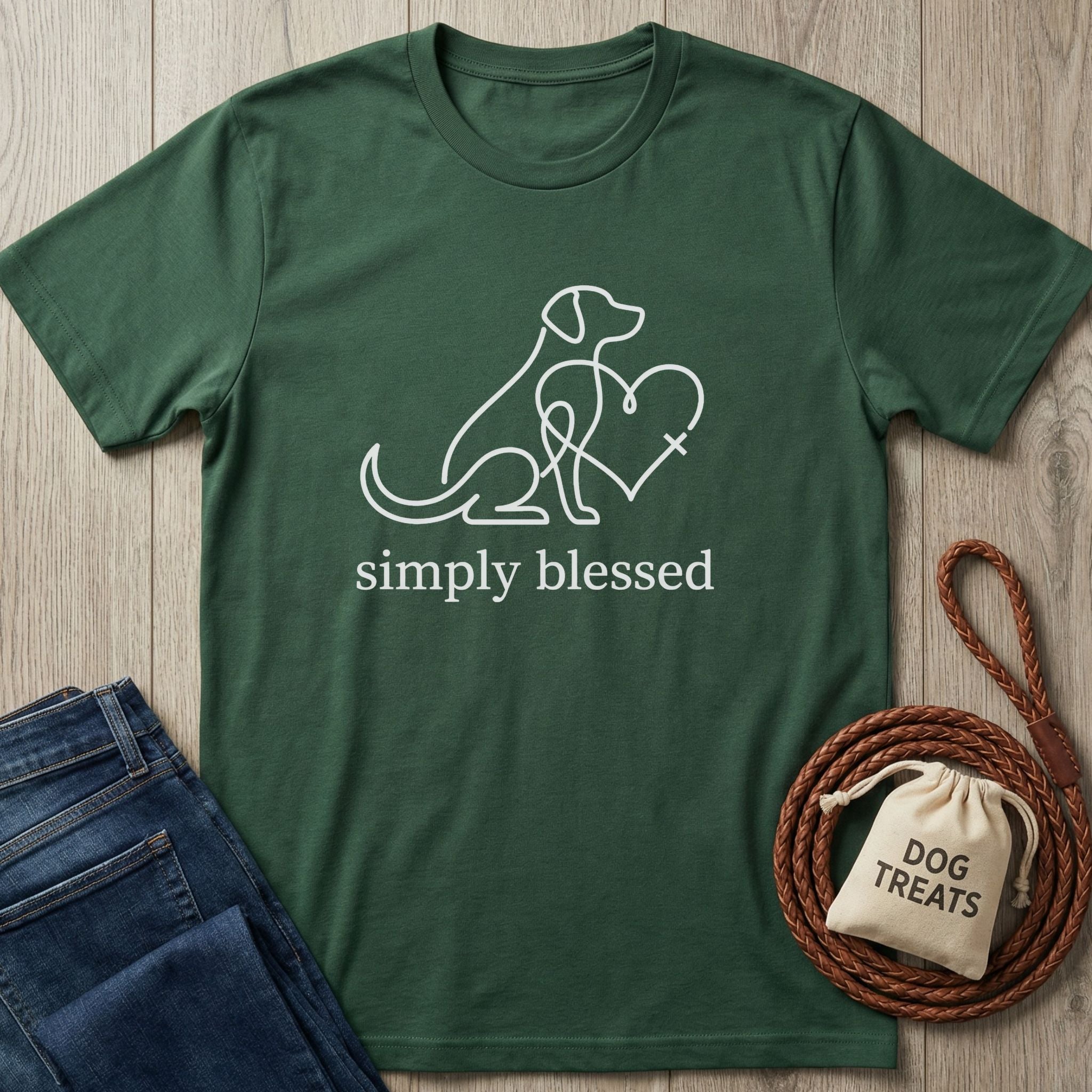 Dark green Gildan Softstyle t-shirt with a white "simply blessed" dog and heart graphic.