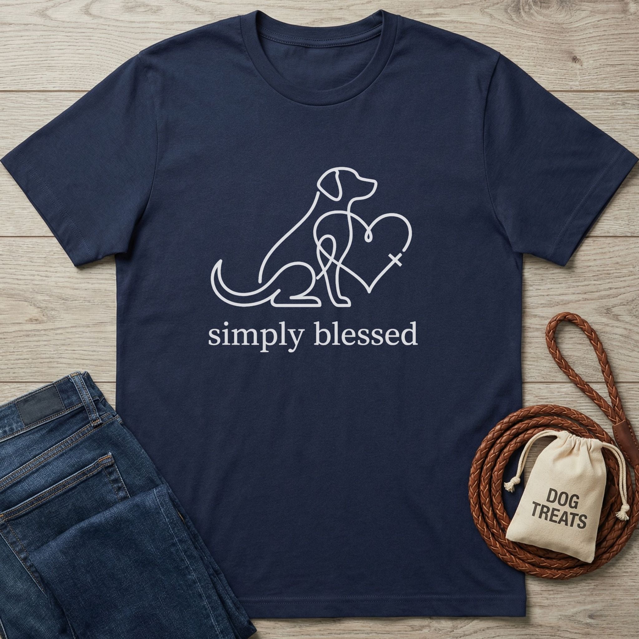 Navy blue Gildan Softstyle® t-shirt with white "simply blessed" text and a dog-heart-cross line art design.