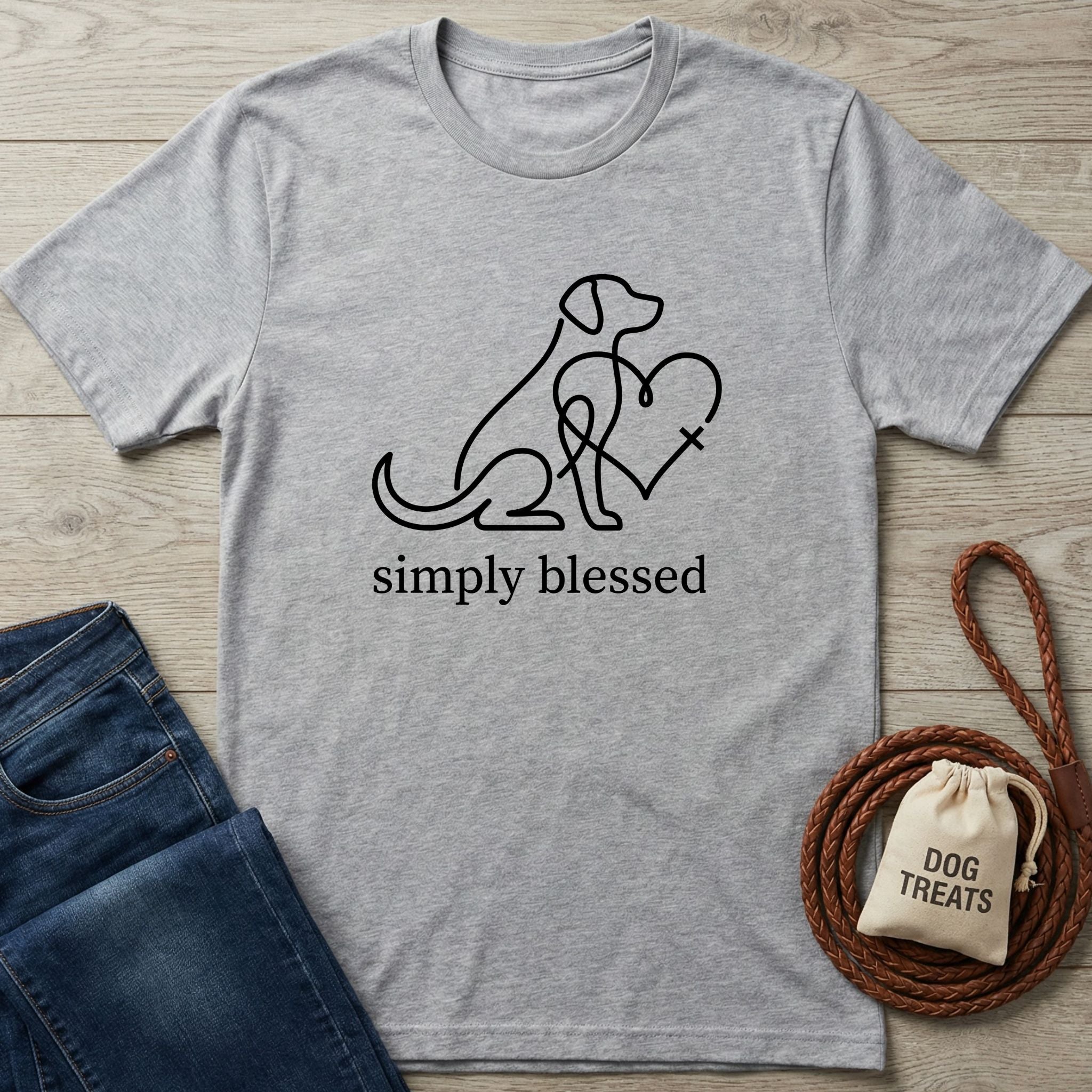 Light grey Gildan Softstyle t-shirt with a black line art dog and heart design, "simply blessed" text.