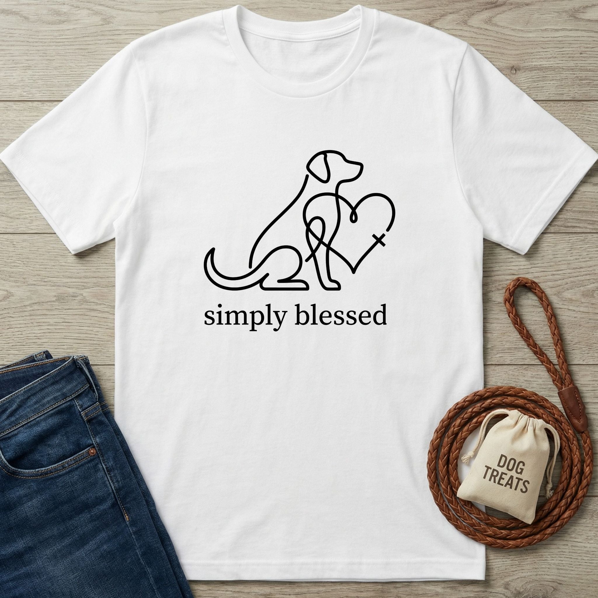 White Gildan Softstyle® t-shirt with a black line art dog, heart, and "simply blessed" text.
