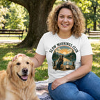 Woman wearing a white Slow Mornings Club graphic t-shirt featuring a dog and lakeside sunrise while petting a golden retriever.