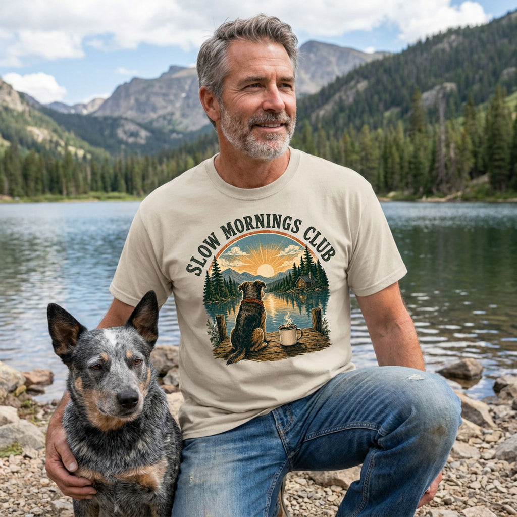 Man wearing a beige Slow Mornings Club graphic t-shirt featuring a dog and lakeside sunrise, kneeling beside his dog.