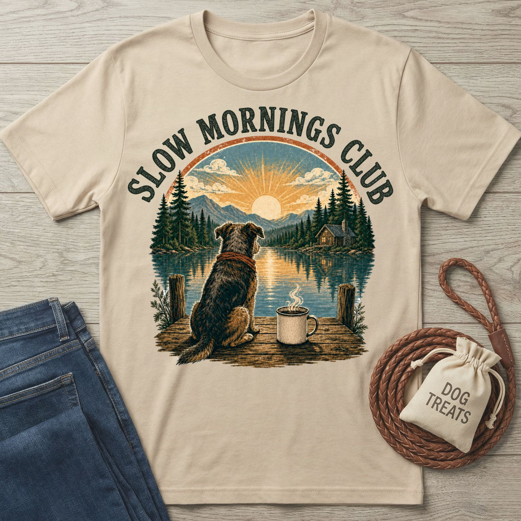 Beige cotton t-shirt featuring a graphic of a dog and coffee mug on a dock overlooking a lake at sunrise.