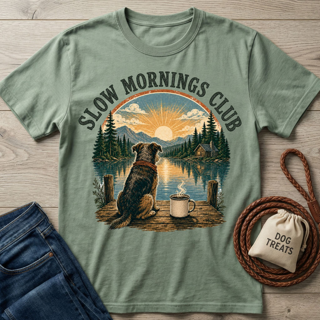 Sage green cotton t-shirt featuring a dog and coffee mug on a dock with a lakeside sunrise mountain graphic.