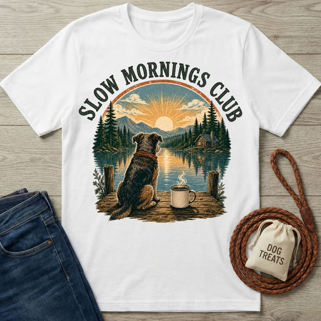 White crewneck t-shirt featuring a dog and coffee mug by a lake with a Slow Mornings Club graphic print.