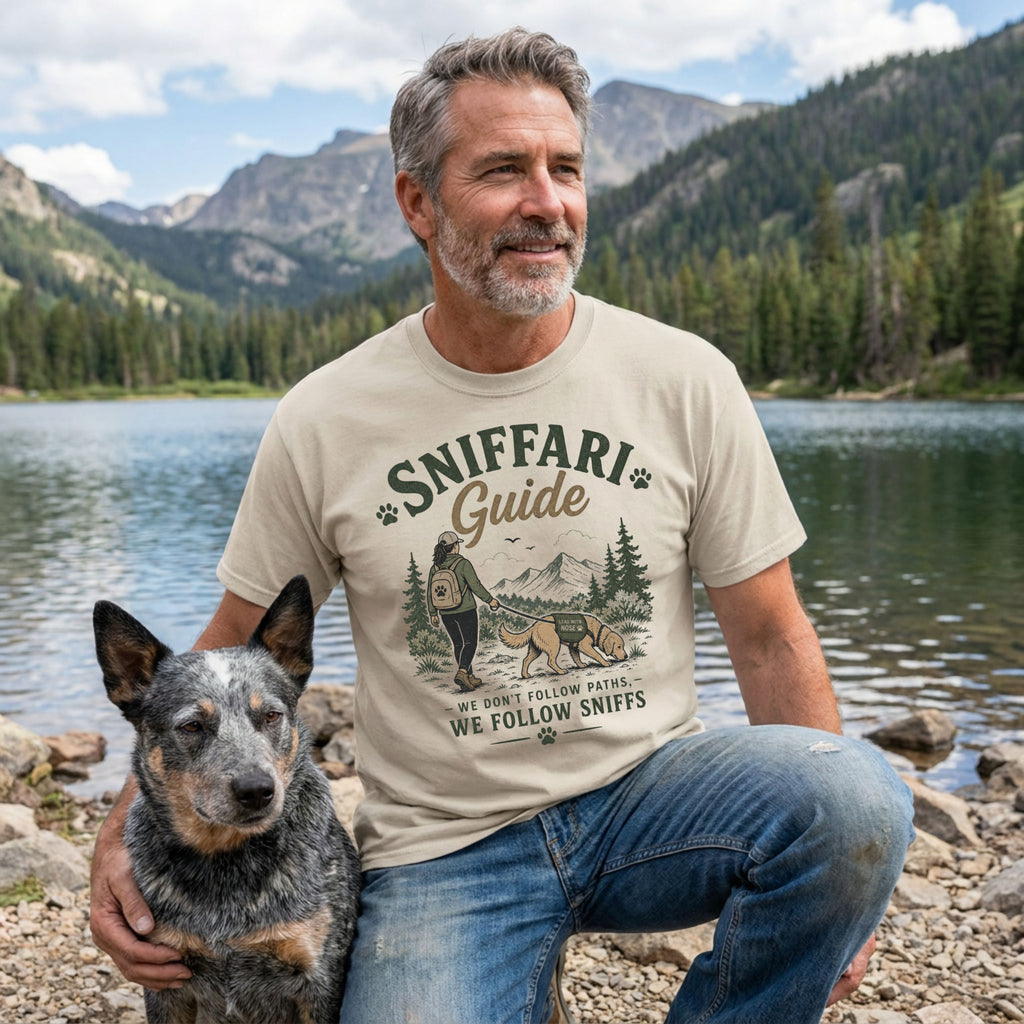 Man wearing a beige crewneck t-shirt with a Sniffari Guide graphic, standing by a lake with a blue heeler dog.