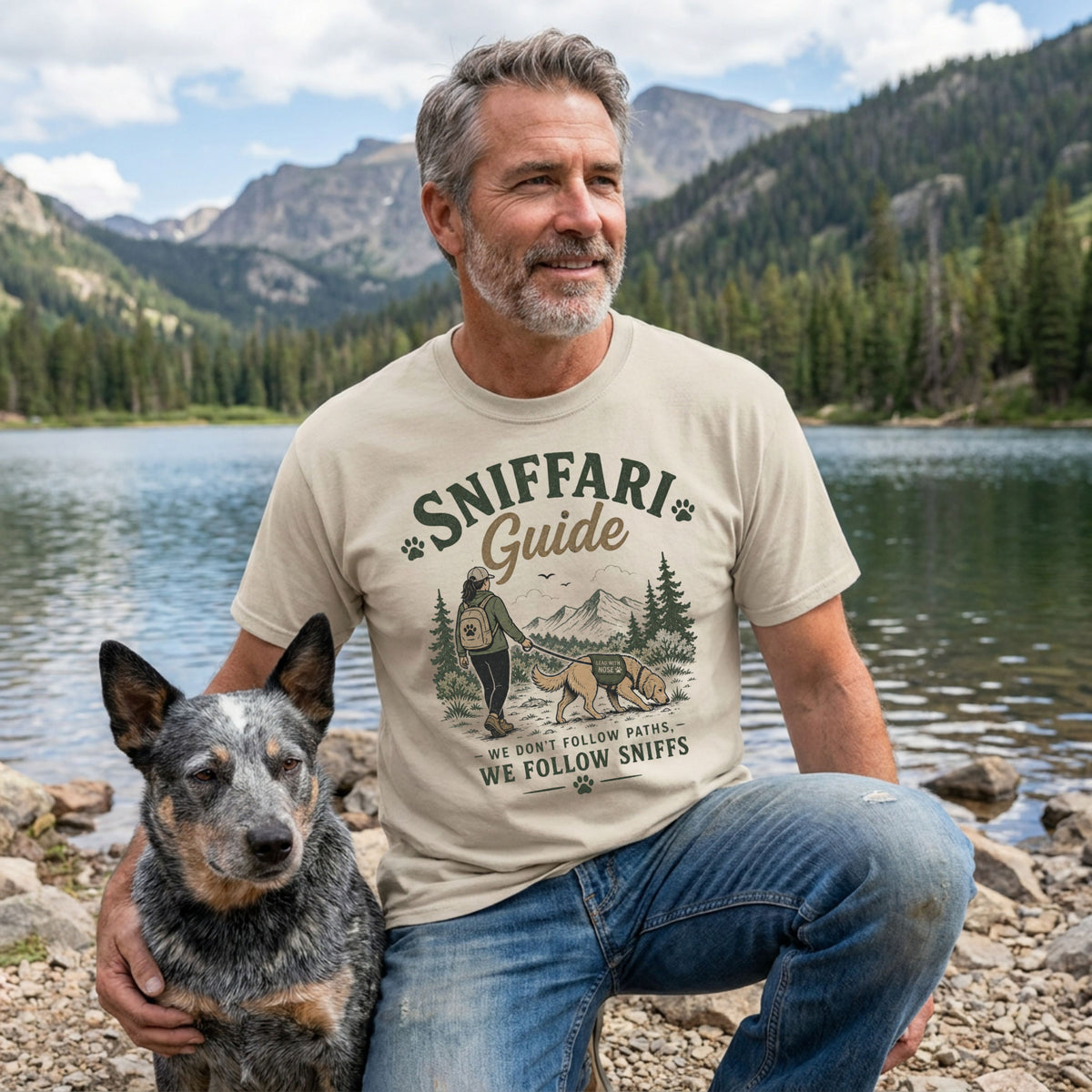Man wearing a beige crewneck t-shirt with a Sniffari Guide graphic, standing by a lake with a blue heeler dog.