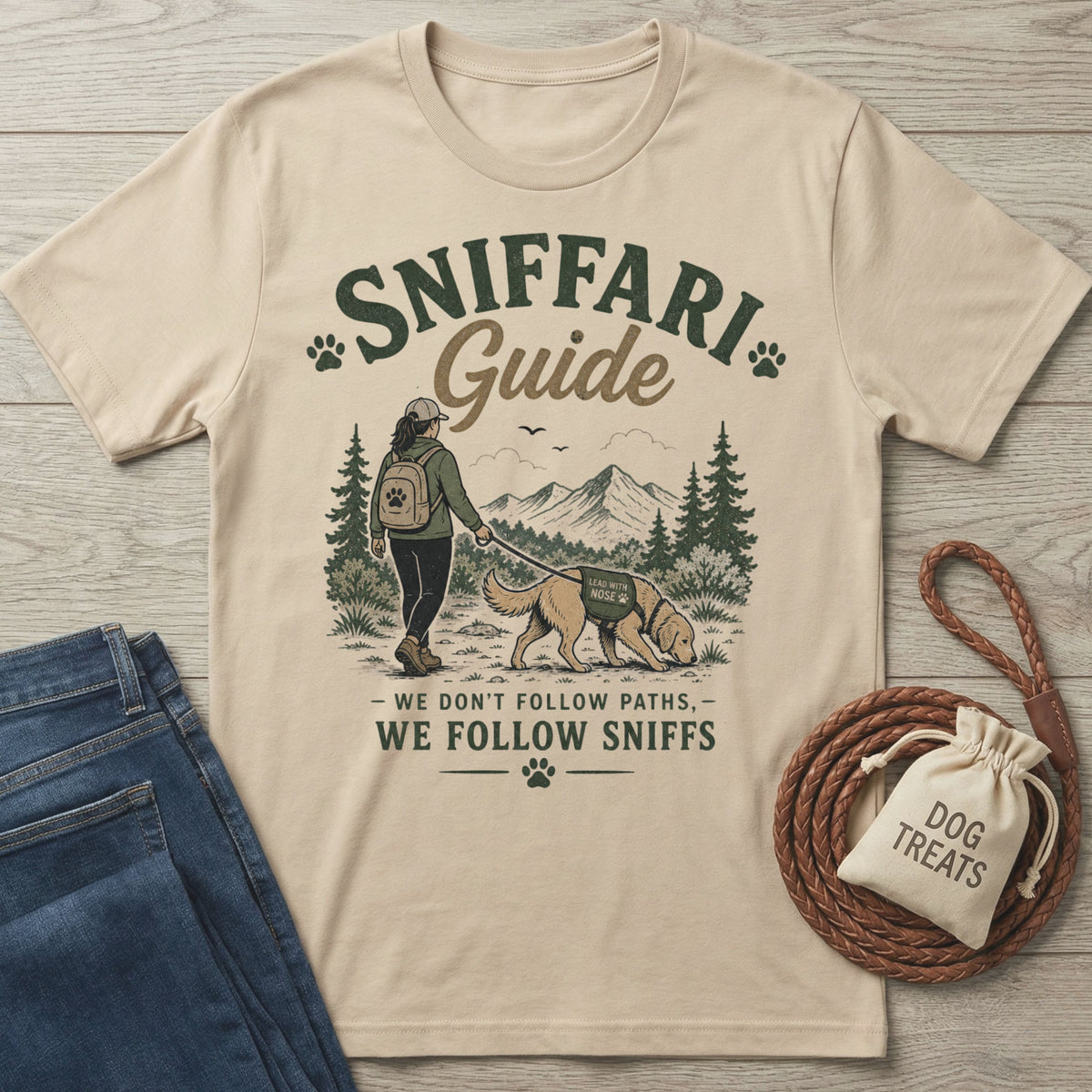 Beige crewneck t-shirt featuring a hiker and dog graphic with the text Sniffari Guide and We Follow Sniffs.