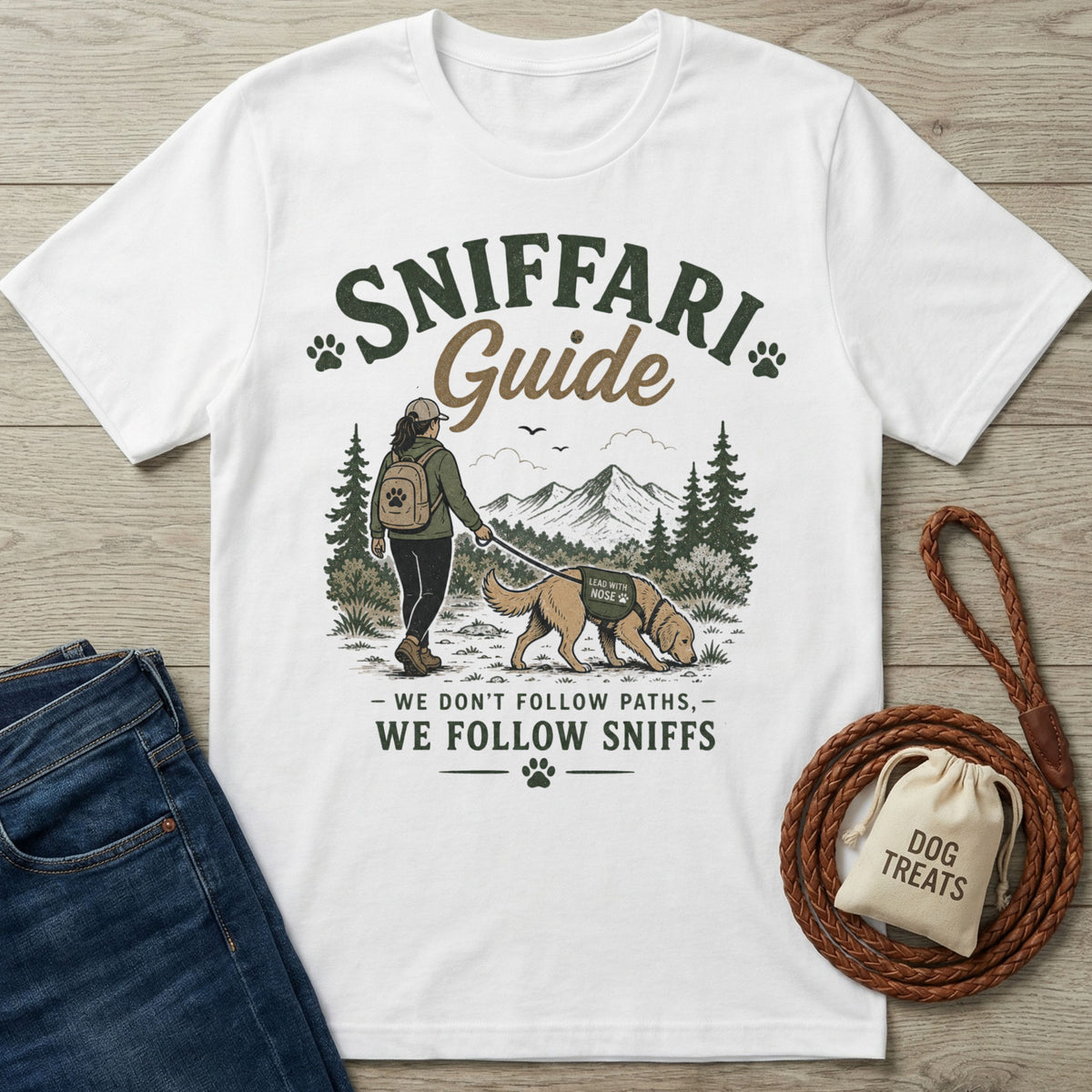 White crewneck t-shirt featuring a hiker and dog graphic with Sniffari Guide text on a wooden background.