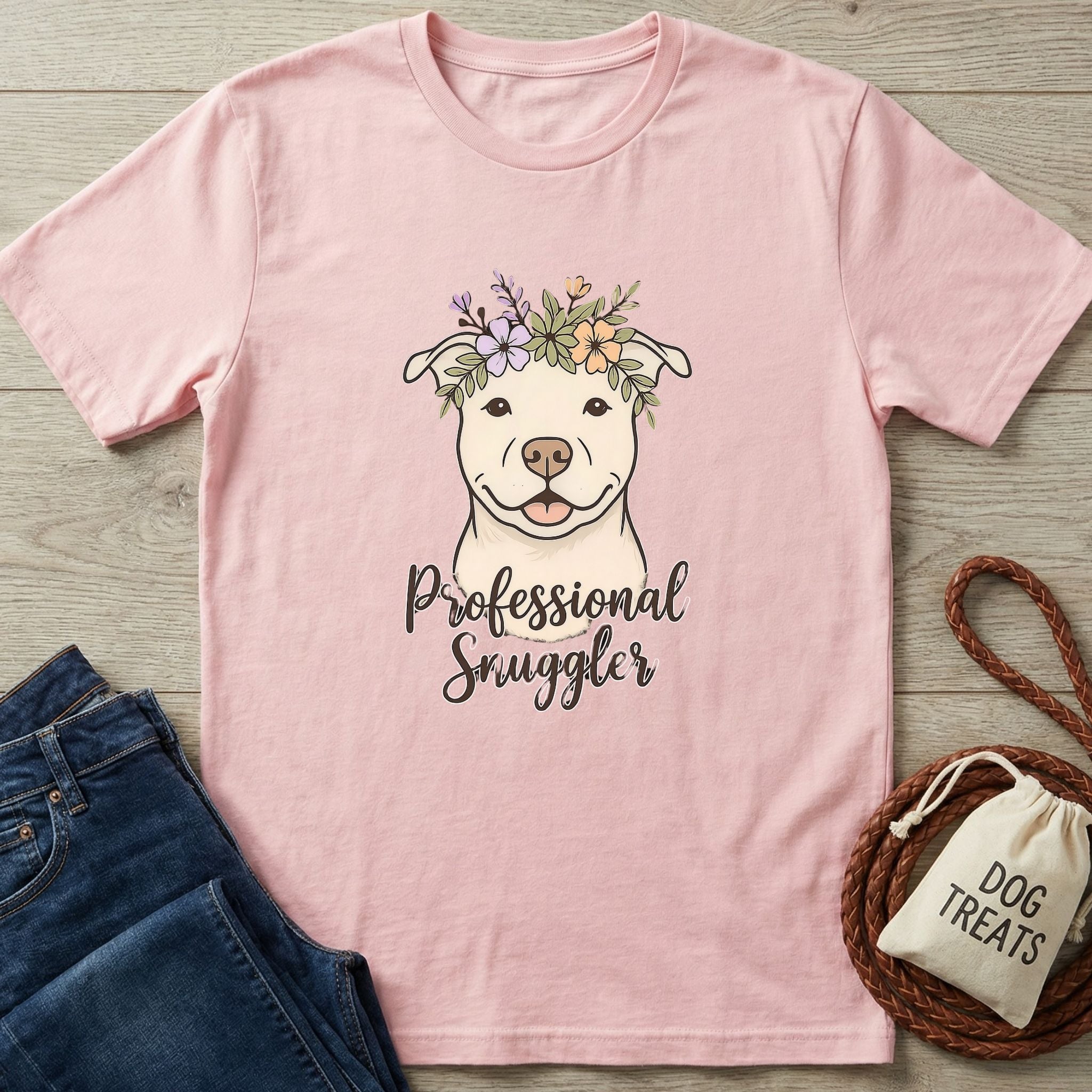 Pink Gildan Softstyle® t-shirt with a smiling dog wearing a floral crown and "Professional Snuggler" text.