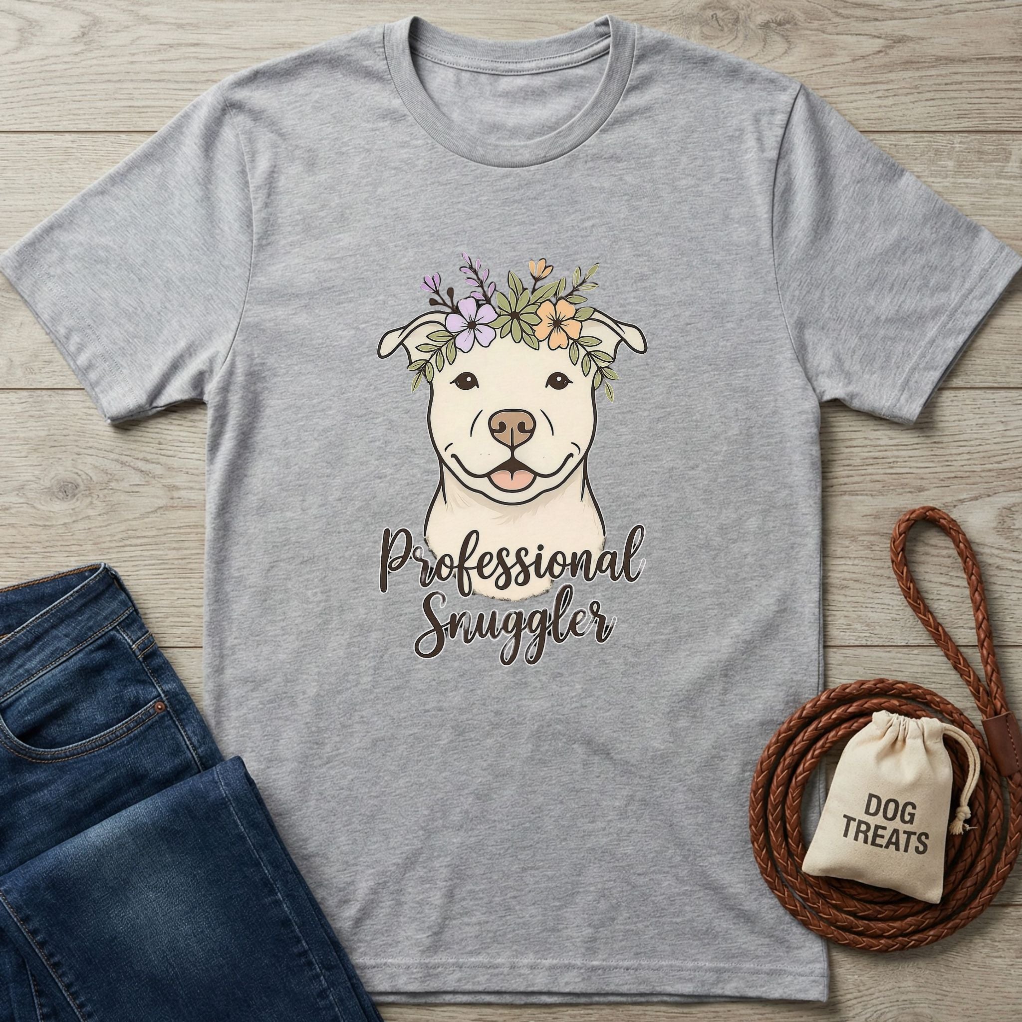 Heather grey Gildan Softstyle t-shirt with a floral-crowned dog illustration and "Professional Snuggler" text.