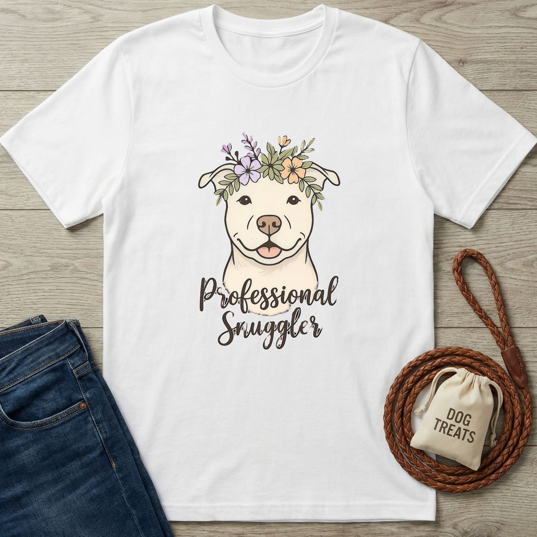 White Gildan Softstyle® T-shirt with a "Professional Snuggler" pit bull graphic wearing a floral crown.