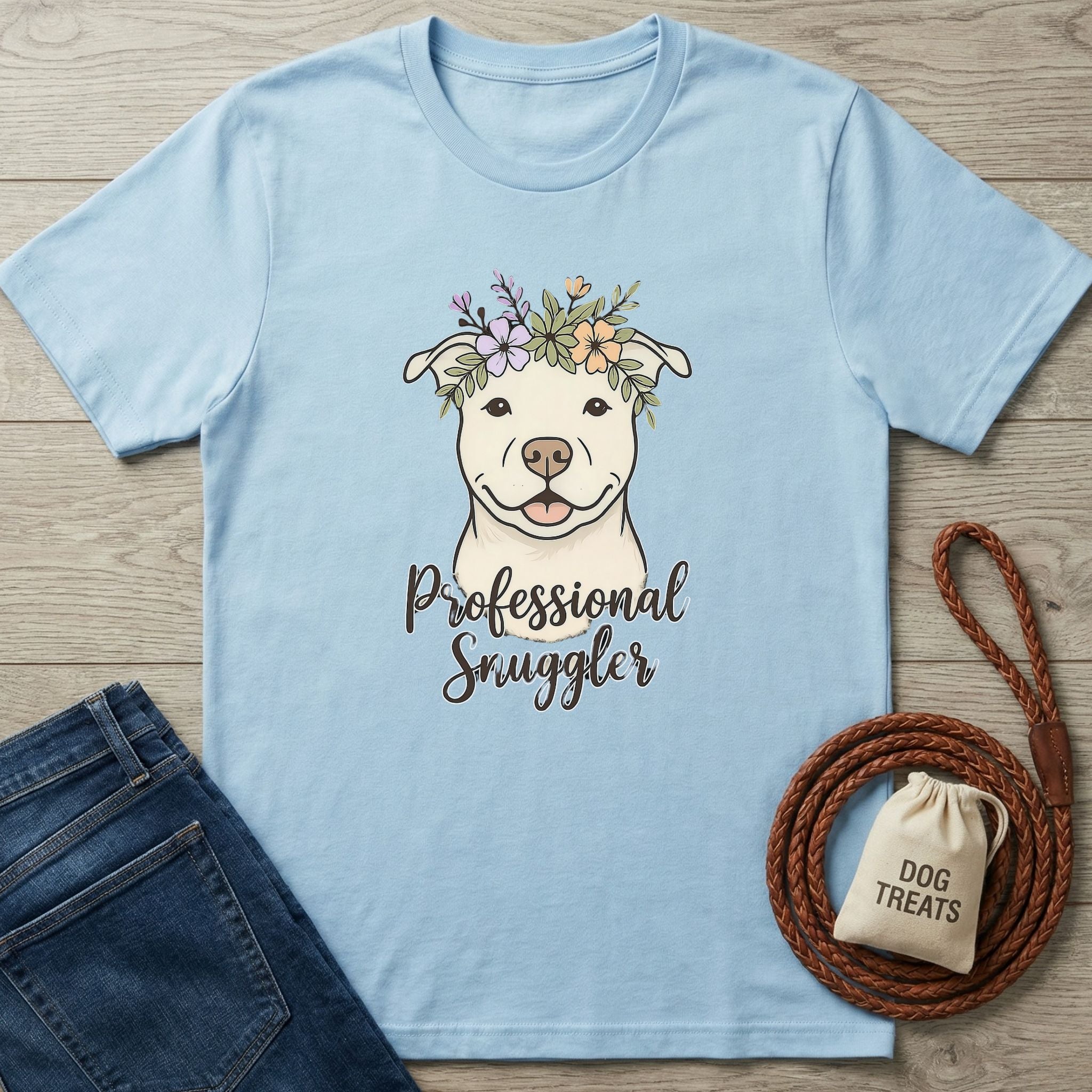 Light blue Gildan Softstyle® t-shirt with a "Professional Snuggler" pit bull graphic wearing a floral crown.