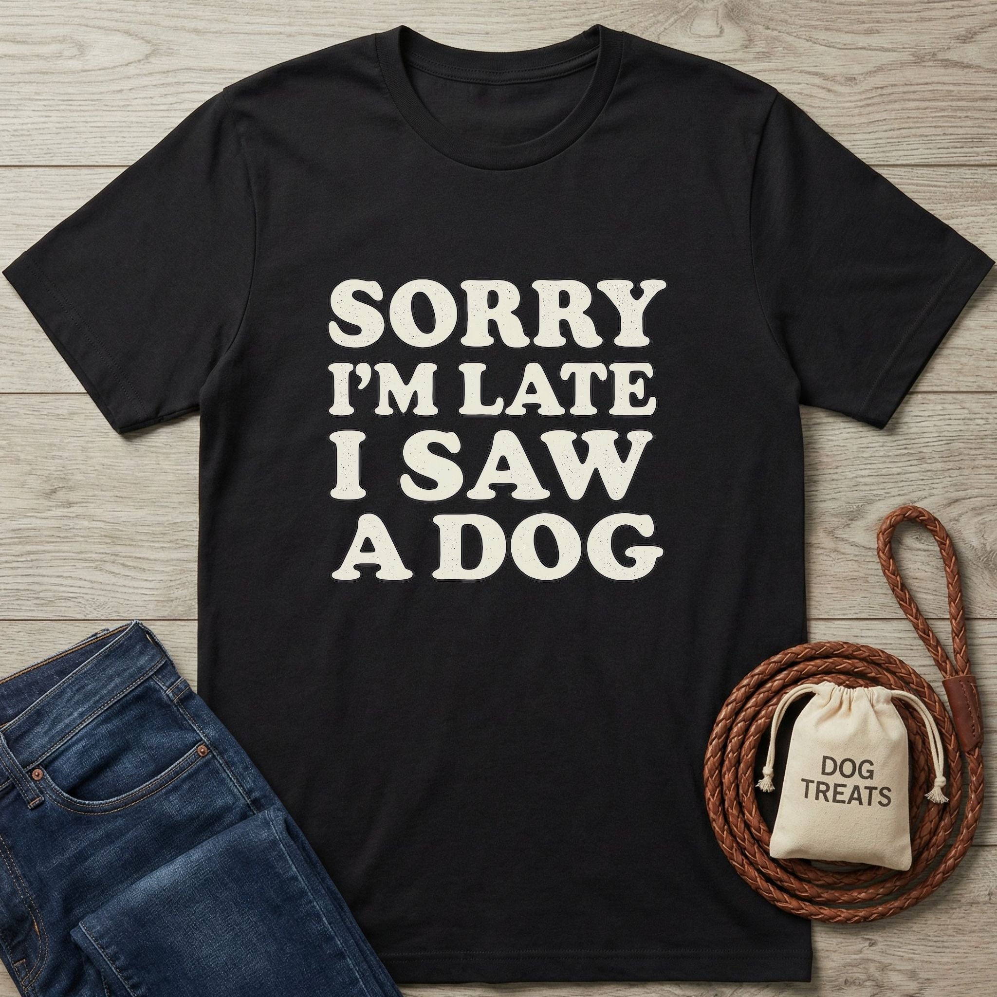 Black Gildan Softstyle® t-shirt with "Sorry I'm Late I Saw A Dog" in cream text, next to jeans and a dog leash.