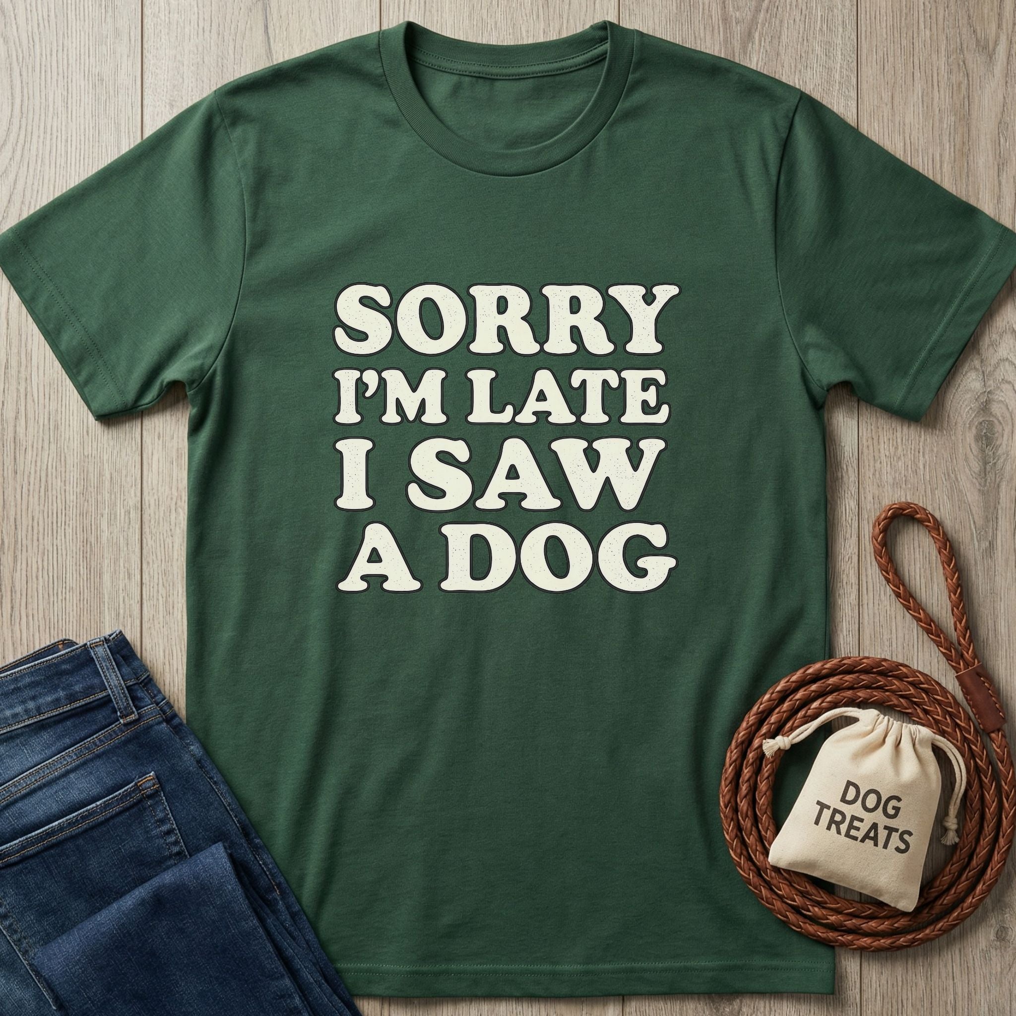 Dark green "Sorry I'm Late I Saw A Dog" t-shirt with white text, folded jeans, and dog treats.