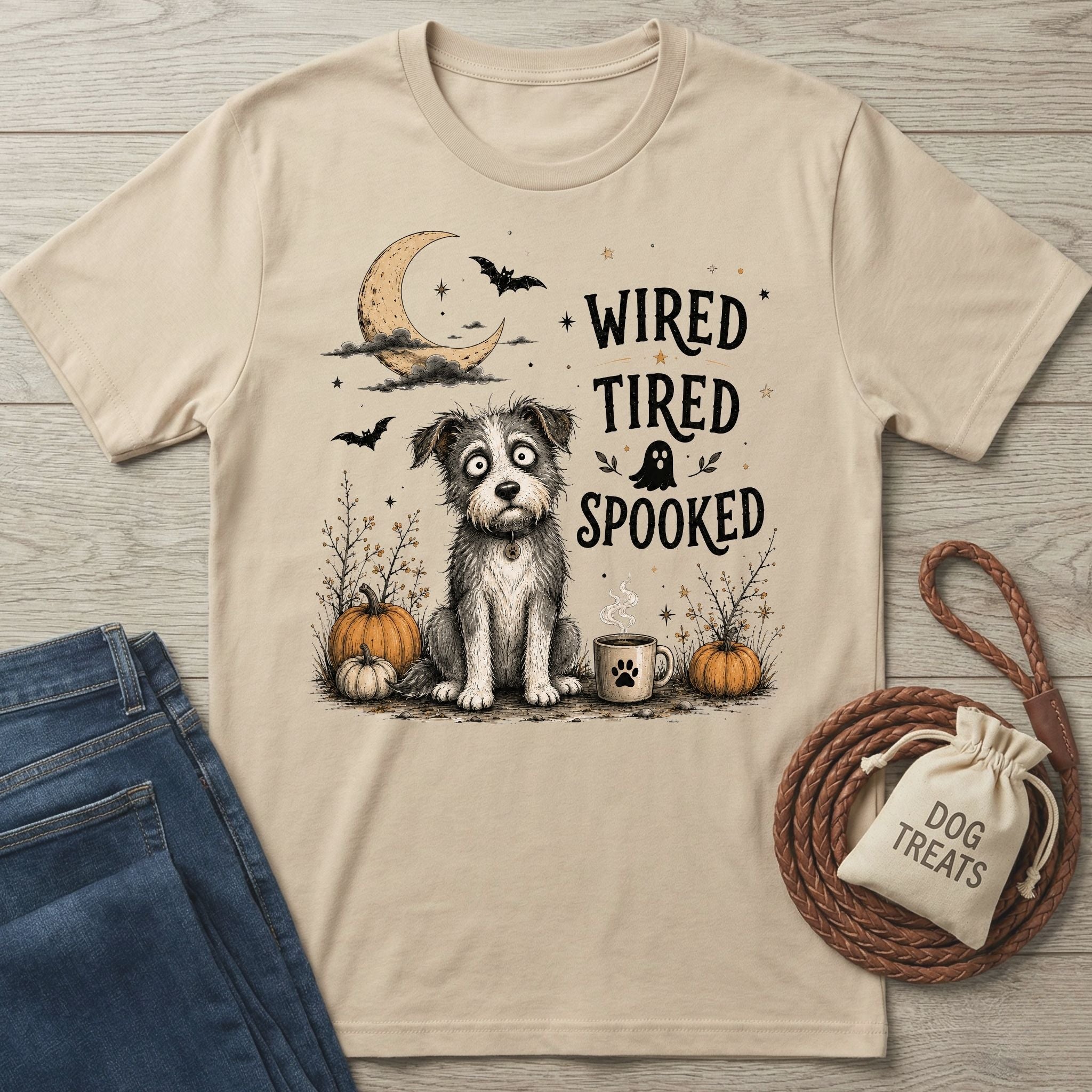 Beige crewneck t-shirt featuring a wide-eyed dog, pumpkins, and the text Wired, Tired, Spooked in a Halloween illustration.