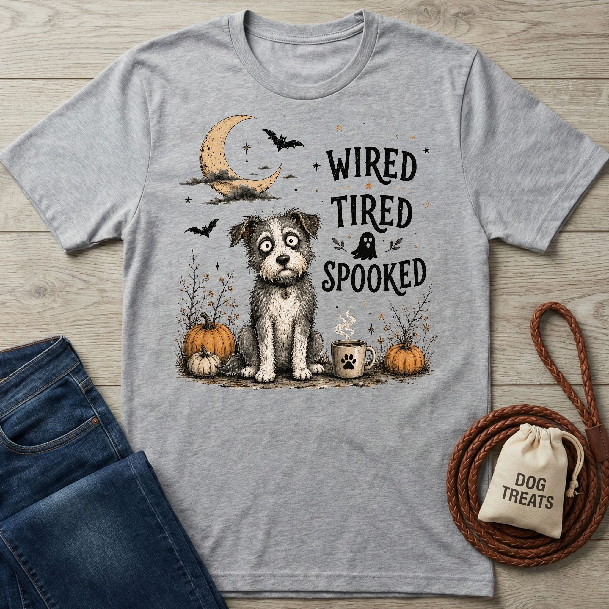 Grey crewneck t-shirt featuring a wide-eyed dog, pumpkins, and the text Wired, Tired, Spooked for Halloween.
