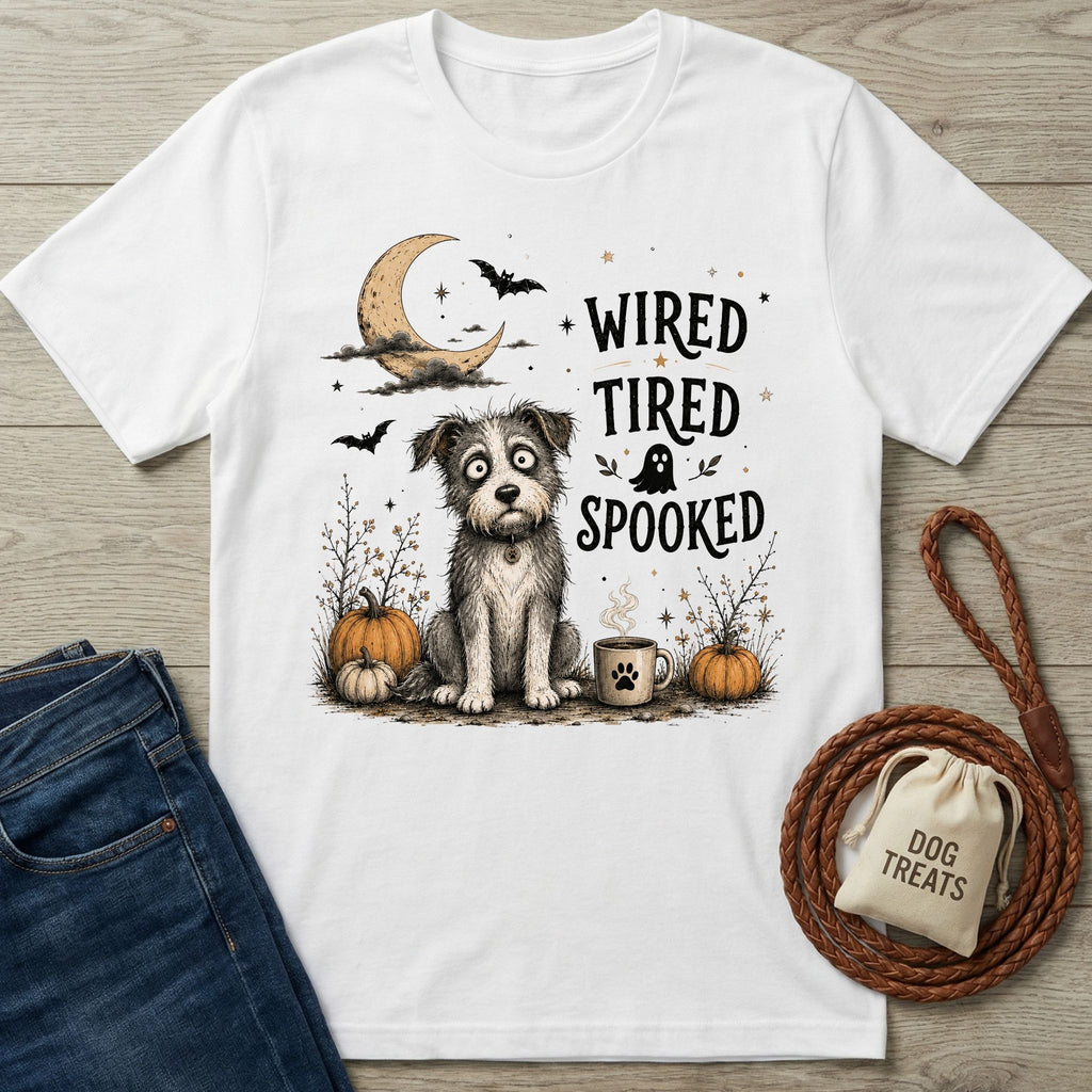 White cotton t-shirt featuring a wide-eyed dog, pumpkins, and the text Wired, Tired, Spooked in a Halloween illustration.