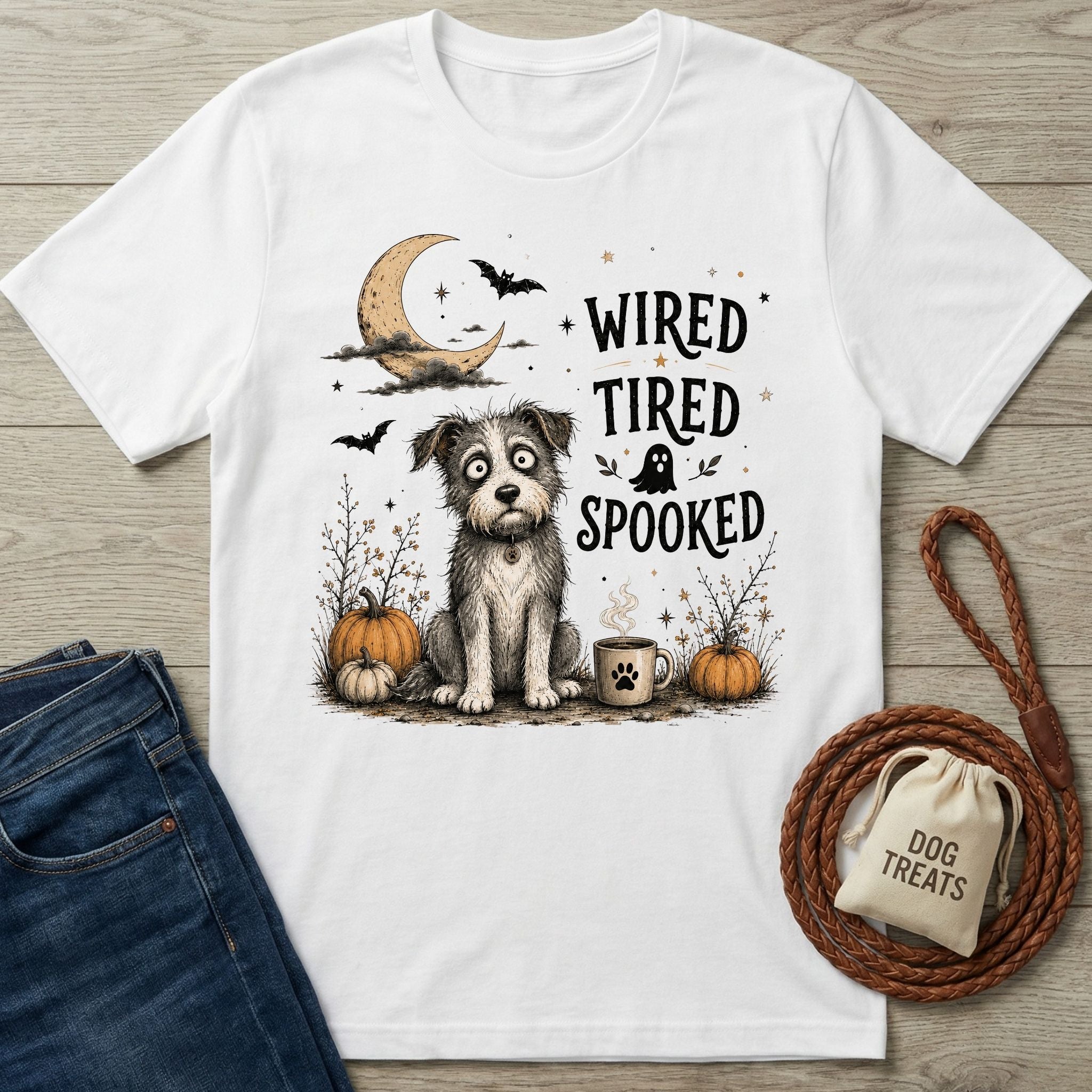 White cotton t-shirt featuring a wide-eyed dog, pumpkins, and the text Wired, Tired, Spooked in a Halloween illustration.