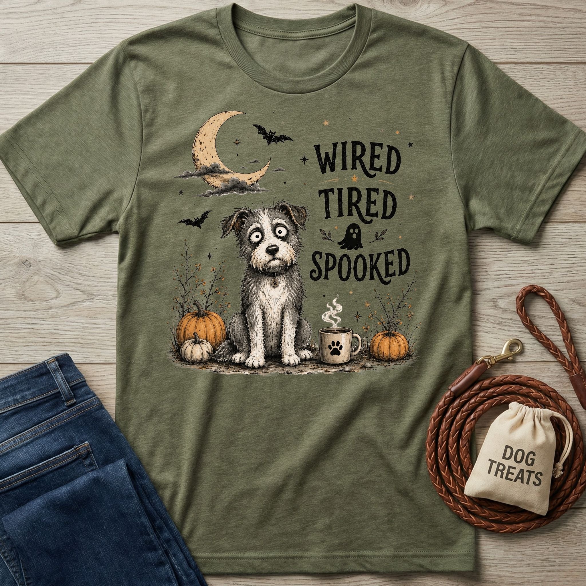 Olive green crewneck t-shirt featuring a wide-eyed dog, pumpkins, and the text Wired, Tired, Spooked in a Halloween design.