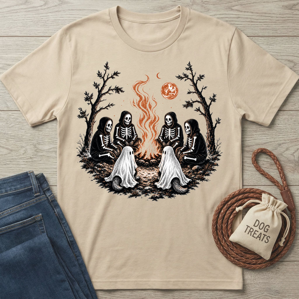 Beige crewneck t-shirt featuring skeletons and ghost dogs gathered around a campfire under a blood moon.