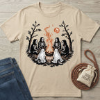 Beige crewneck t-shirt featuring skeletons and ghost dogs gathered around a campfire under a blood moon.
