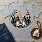 Grey crewneck t-shirt featuring skeletons and ghost dogs sitting around a campfire under a blood moon.