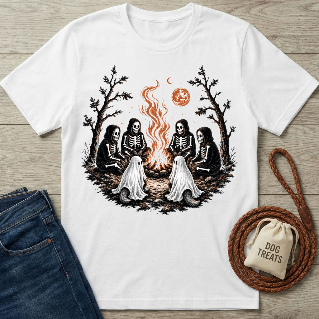 White crewneck t-shirt featuring skeletons and ghost dogs sitting around a campfire under a blood moon.