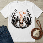 White crewneck t-shirt featuring skeletons and ghost dogs sitting around a campfire under a blood moon.
