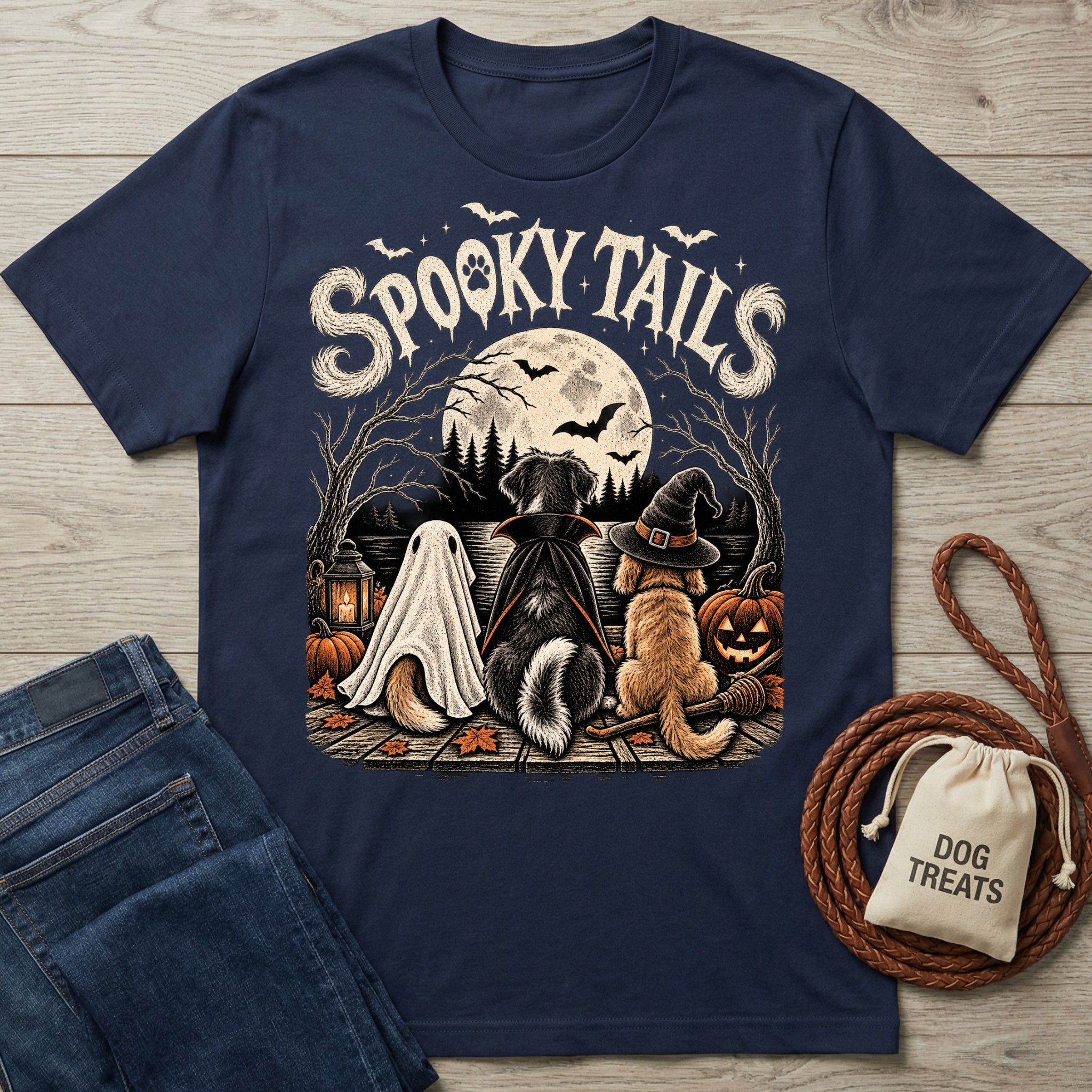 Navy blue cotton t-shirt featuring three dogs in Halloween costumes sitting by a lake under a full moon.