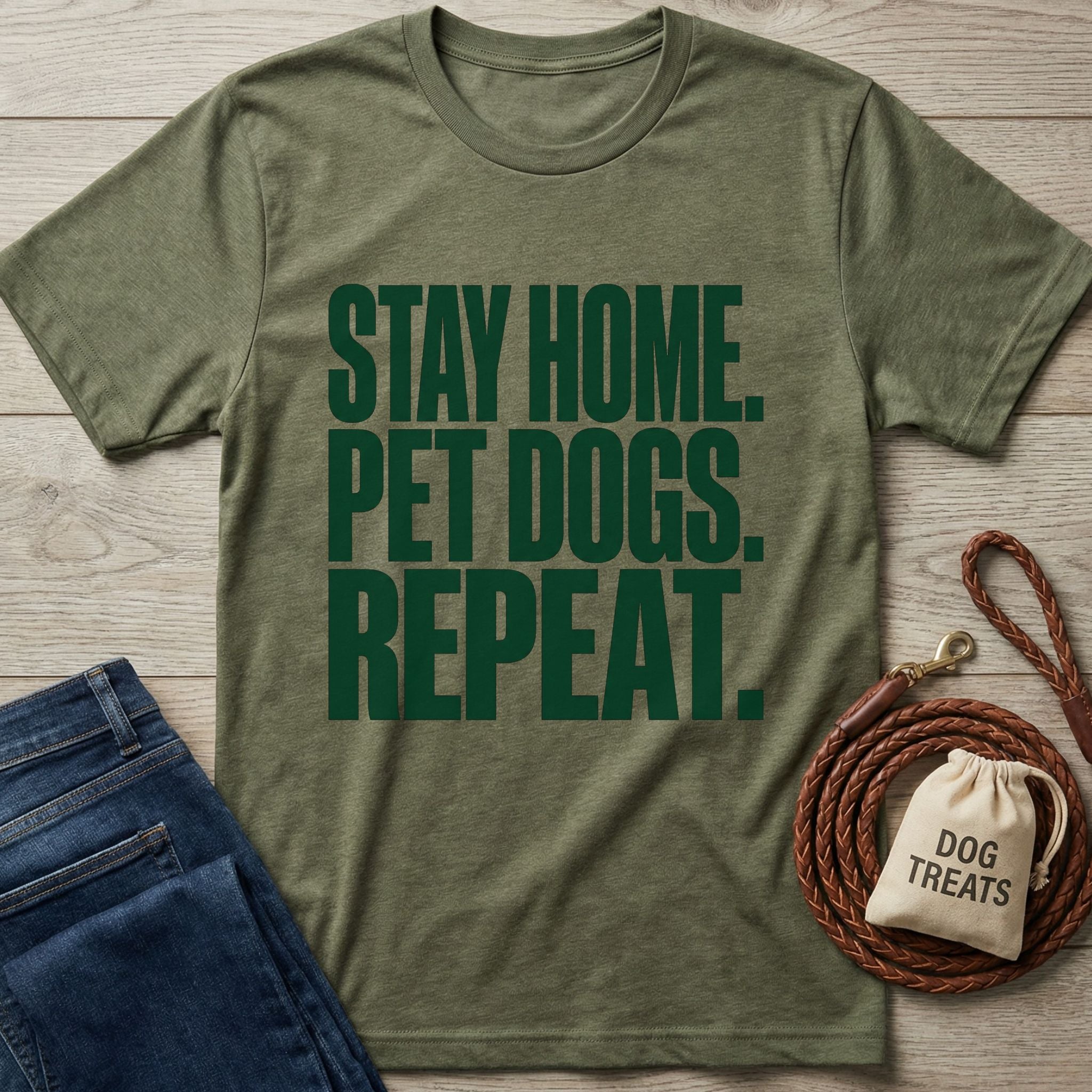 Olive green Gildan Softstyle® t-shirt with "STAY HOME. PET DOGS. REPEAT." text, next to jeans and dog accessories.