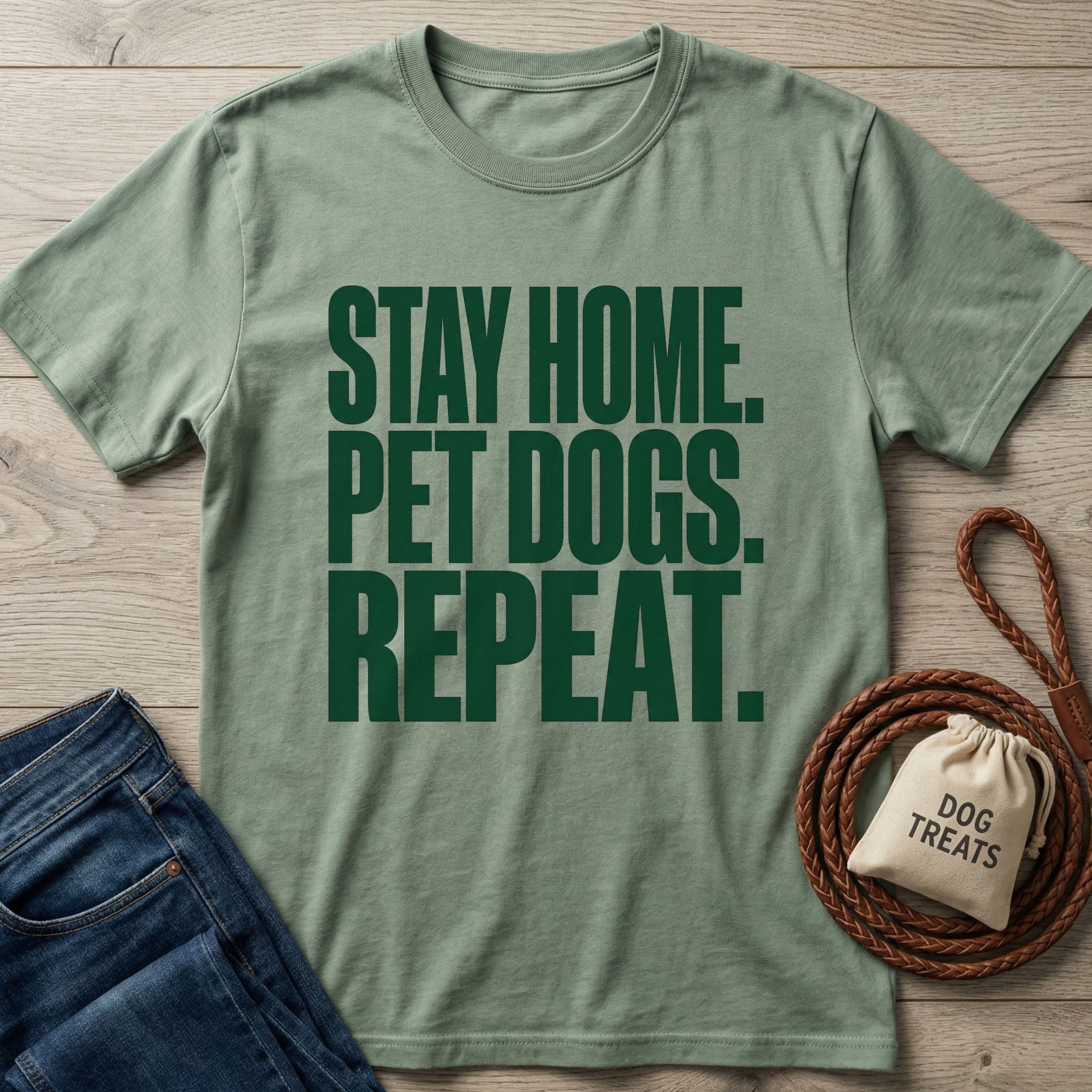 Sage green Gildan Softstyle t-shirt with "STAY HOME. PET DOGS. REPEAT." text, next to jeans and dog treats.