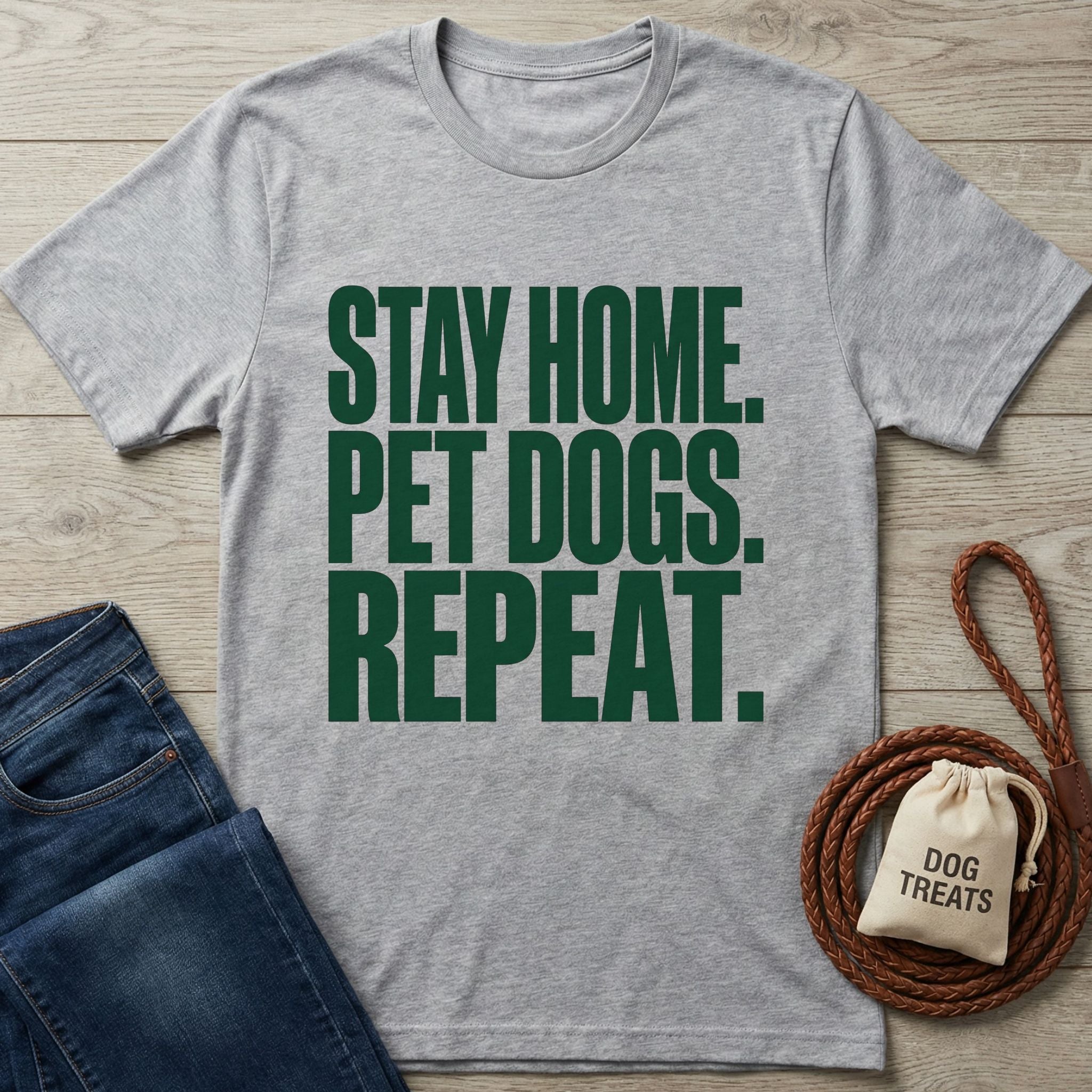 Light grey Gildan Softstyle® t-shirt with "STAY HOME. PET DOGS. REPEAT." in green text, beside jeans and dog treats.